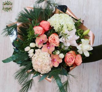 Big bouquet with peach roses, hydrangeas, orchids, tulips, lilies (19 stems)