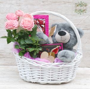 girly gift basket with roses, teddy bear and chocolates