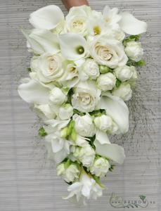 Teardrop bridal bouquet with callas, freesias, english roses (white)