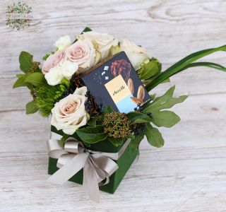 Cream roses and freesias in green silky box, with chocolate