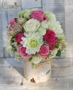 Log centerpiece with dahlias (pink, cream), wedding