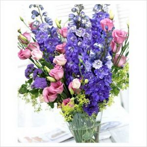 delphinium, liziantusz, sóvirág, vázában (17 szál)