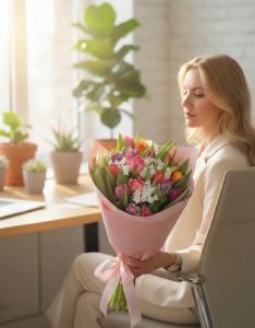 Duplaszirmú tulipánok hagymavirággal, papírvázában (30 szál)