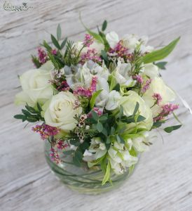 White roses with alstromeries in glass ball 