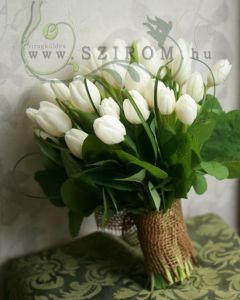 20 white tulips, with greenery