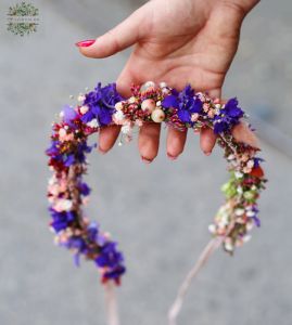 Flowercrown with delphinium, gypsophila, limonium (blue, pink, peach)