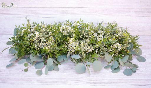 Main table centerpiece (wax flower, pistachio, eucalyptus)