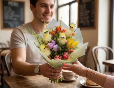 Osterküken mit Sonnenbrillen in einem Tulpenstrauß (12 Stiele)