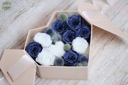 Kék örök rózsák szív dobozban (9 szál)