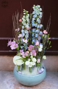 Airy flower bowl with delphinium, lisianthus, pearl catkin, snails