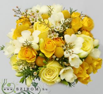bridal bouquet (rose, wax, craspedia, freesia, yellow, white)
