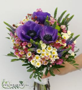 bridal bouquet (wax, anemone, veronica, button chrys, matricaria, purple, pink, white) winter, spring