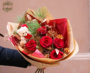 Mikulás macis téli csokor vörös rózsával