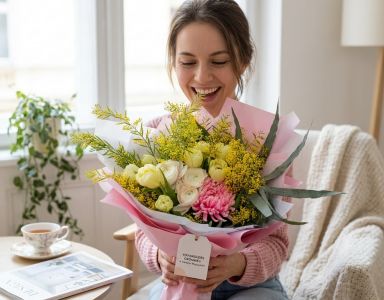 Mimosenstrauß mit Frühlingsblumen, Tulpen und Butterblumen, zum Frauentag (15 Stiele)