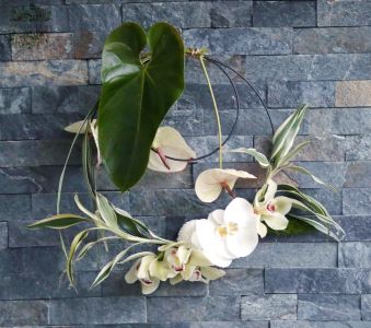 Modern karikacsokor anthuriummal, orchideákkal (fehér, zöld)
