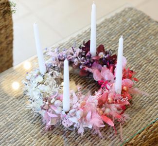 Moderner, luftiger Adventskranz mit Farbverlauf in Lila und Rosa (35cm)