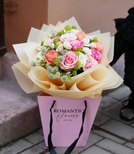 Large pastel roses, small flowers bouquet with paper bag (20 pieces)