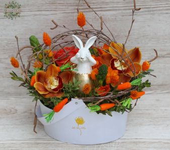 Hase im Blumenbox mit Orange Blumen, Orchideen