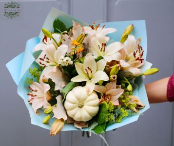 Pastel autumn lily bouquet with pumpkin