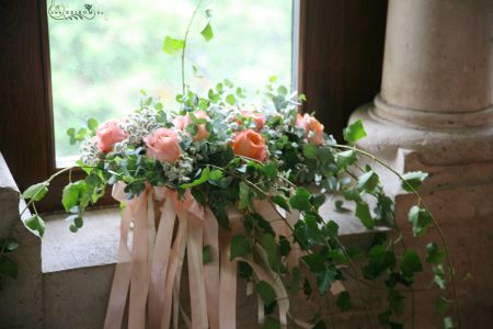 window decor with flagging ribbons, Fishermans Bastion Budapest (peach rose), wedding