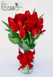  tulips and red roses, in a vase (13 stems)