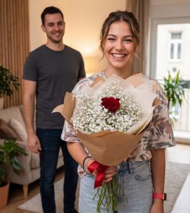 Gypsophila (babys breath ) bouquet with red rose (15 +1 stems)