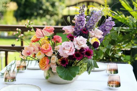 Romantic crescent moon shaped summer wedding centerpiece flower bowl (English rose, orchid, delphinium, calla, seasonal flowers, purple, peach)