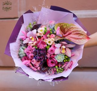 rosa-lila Strauß mit Flamingoblumen und Orchideen (23 Blumen)