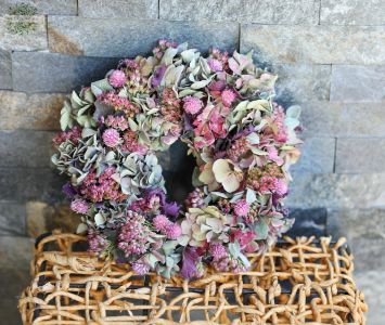 Türkrans aus Trockenblumen mit Gomphrena, Hortensie und Fetthenne, 24 cm