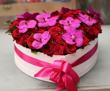 Heart shaped box with 35 red roses, 10 vanda orchids