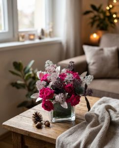Glass cube with pink sprayroses, skimmias