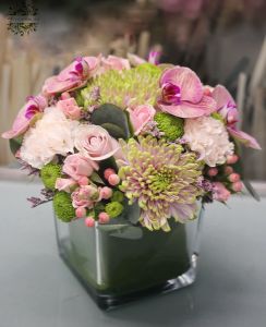 Glaswürfel mit rosa Blüten (21 Stiele)
