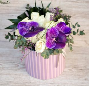 Vanda orchideás henger doboz 11 fehér rózsával