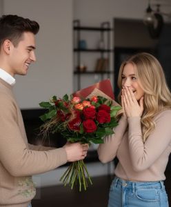 Vörös rózsacsokor flamingóvirággal 