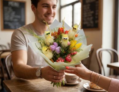 Osterküken mit Sonnenbrillen in einem Tulpenstrauß (12 Stiele)