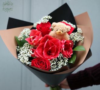 roter Rosen Blumenstrauss mit Amaryllis, Gysophila und Teddybeär