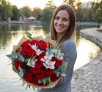 Bouquet of red roses with white orchids (31 stems) - original product photo with AI background