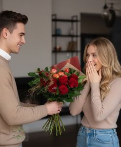Strauß roter Rosen mit Anthurium - original product photo with AI background
