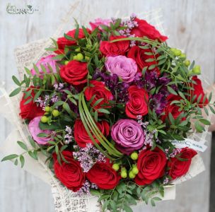 Red rose bouquet with purple flowers