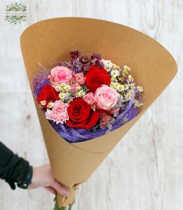 Roses with camomile, and meadow flowers in paper cone (13 stems)