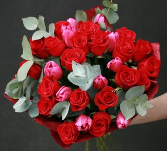 premium red roses and tulips with eucalypt  (30 stems)