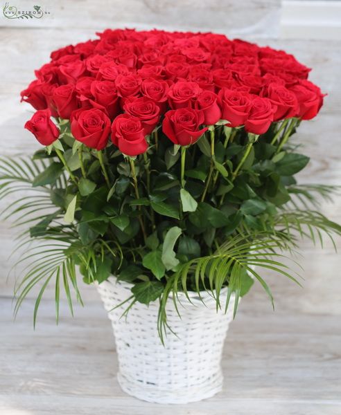 Blumenlieferung nach Budapest - 100 rote Rosen in einem großen Korb, mit Palmblättern