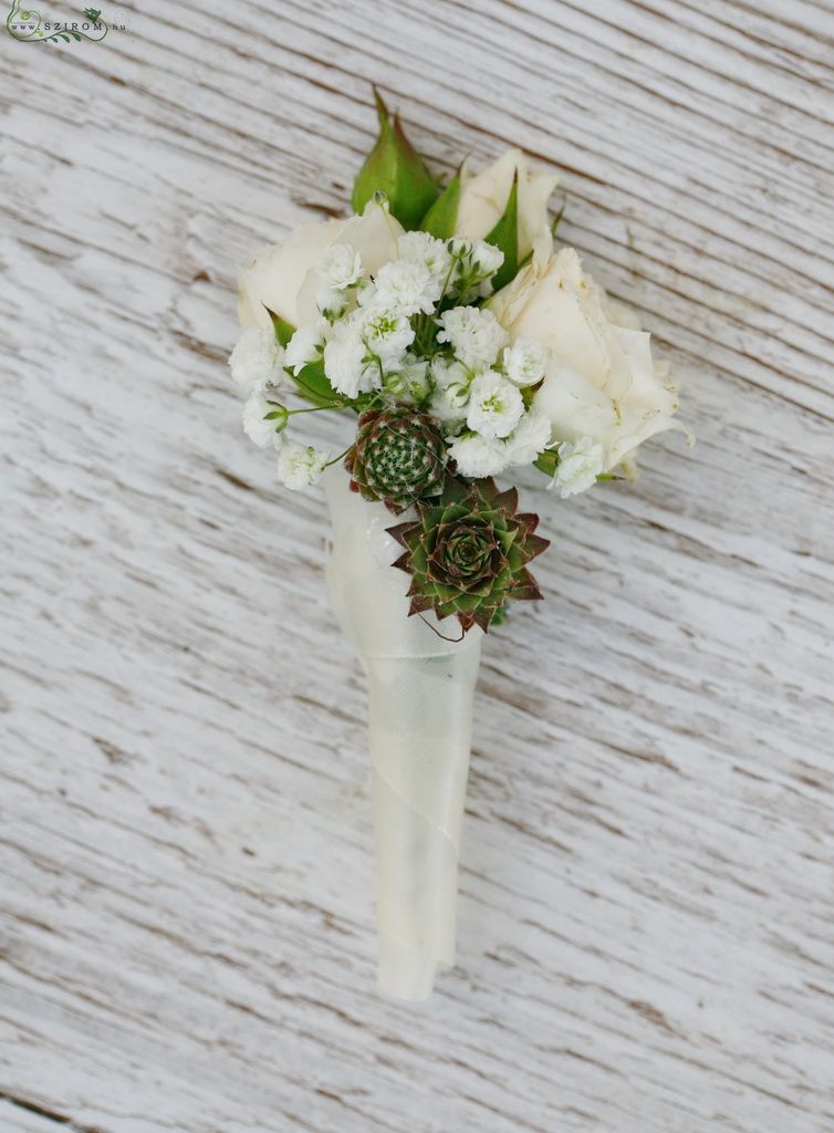 flower delivery Budapest - Boutonniere of rose (rose, sempervivum, white)