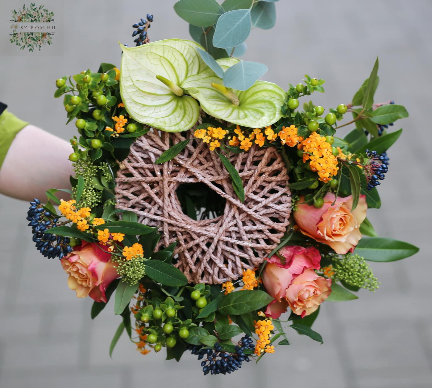 flower delivery Budapest - Bouquet with modern bouquet holder with anthurium and roses