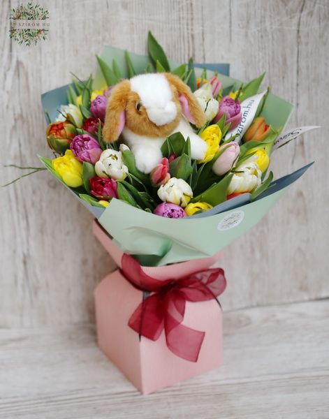 Blumenlieferung nach Budapest - 30 Tulpen mit Papiervase, Plüsch Hase