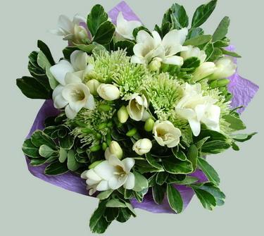 flower delivery Budapest - white freesias and green daisies (15 stems)