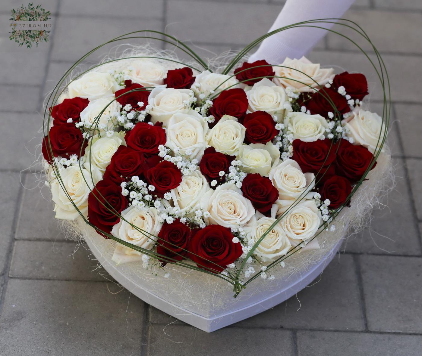 flower delivery Budapest - 40 red and white roses with small filler flowers in a box