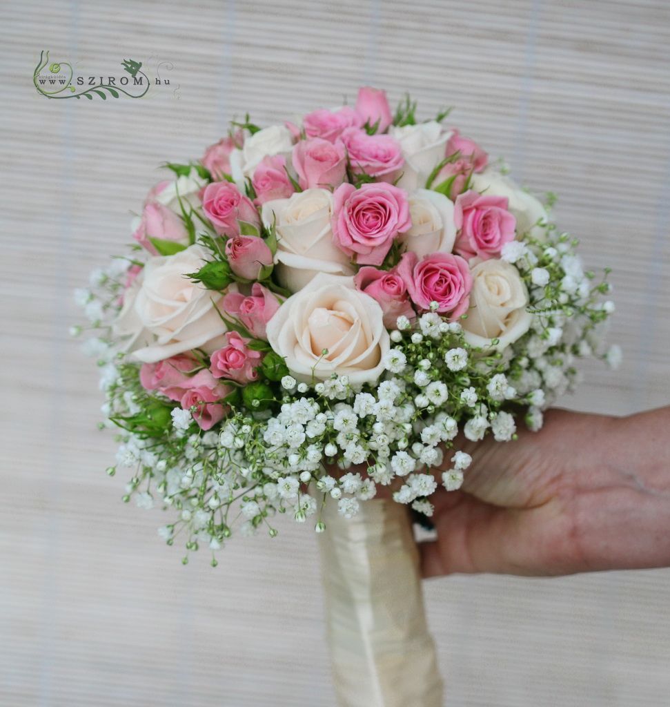 flower delivery Budapest - Bridal bouquet of roses, spray roses and baby's breath (pink)