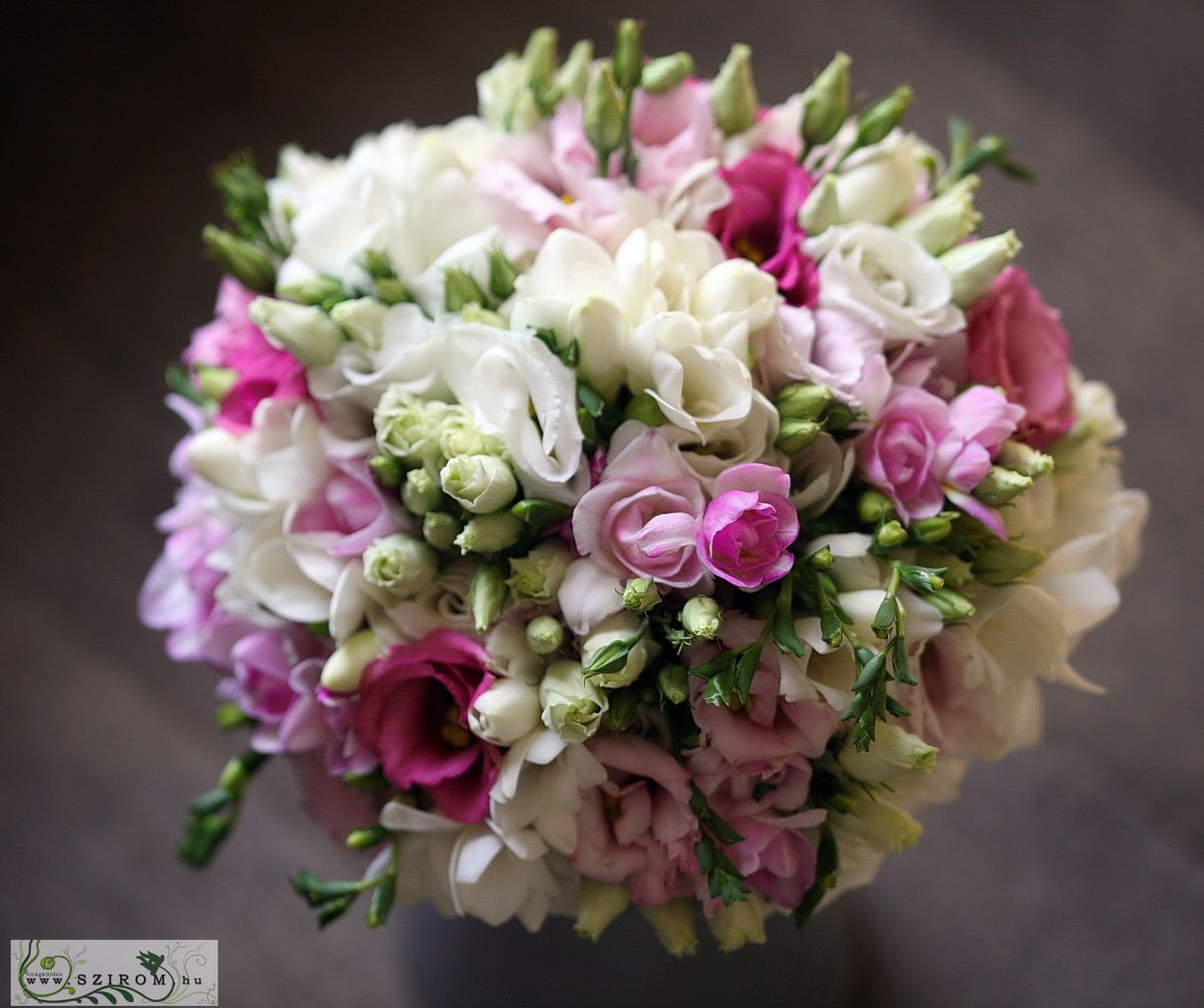 flower delivery Budapest - Bridal bouquet with pink freesias (Lisianthus, white, pink)