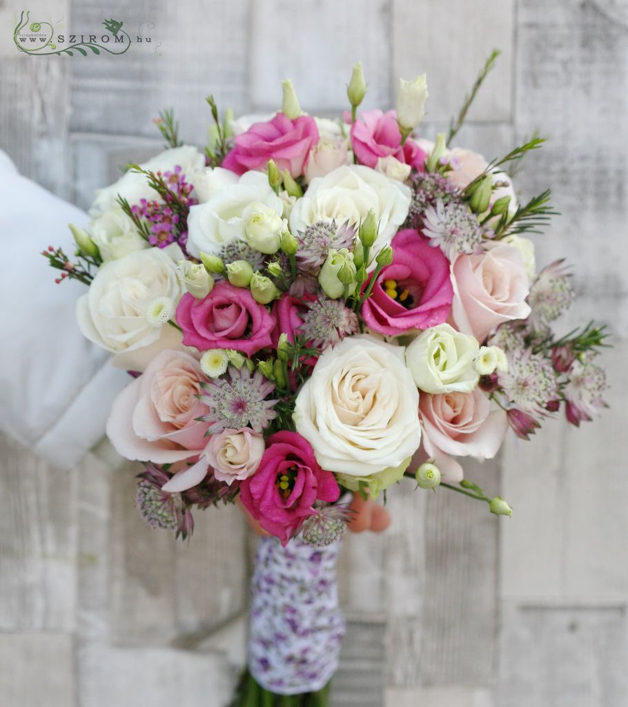 flower delivery Budapest - Bridal bouquet with purple astrantias, pink lisianthusses, white roses